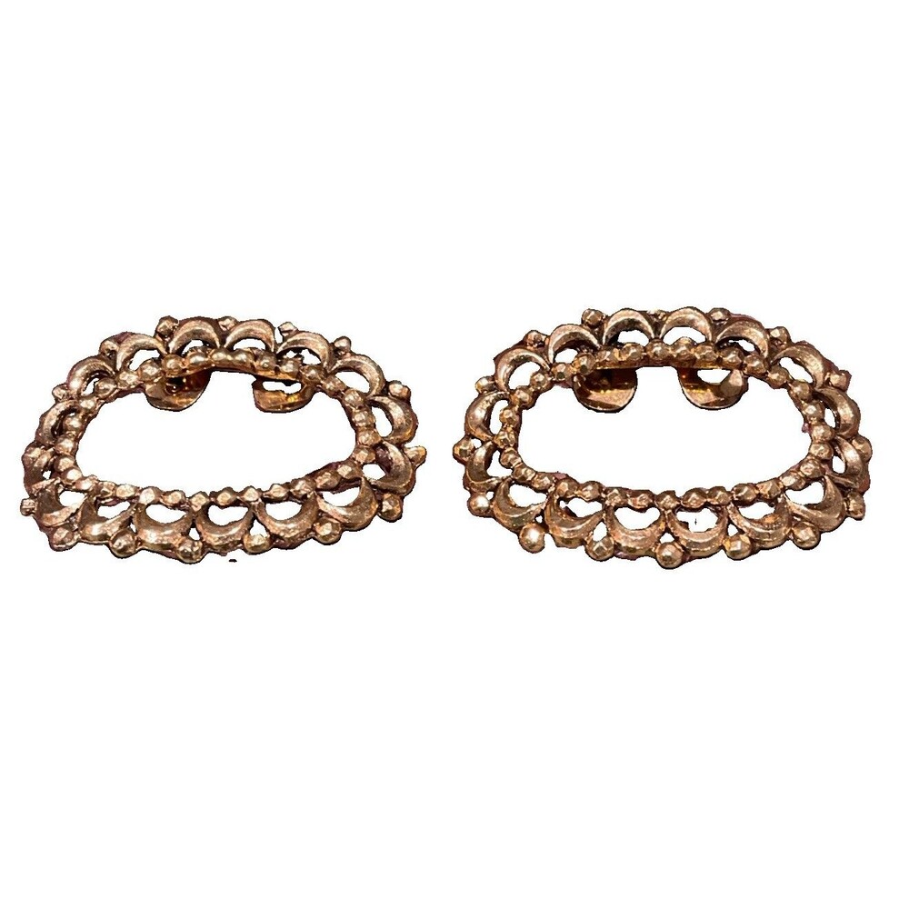 Vintage Signed Musi Gold Tone Openwork Filigree Scalloped Statement Shoe Clips